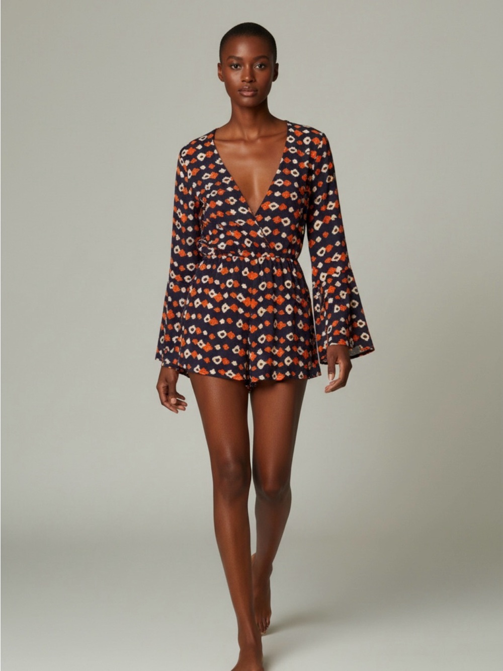JACHS Girlfriend Navy Romper with Orange and White Pattern